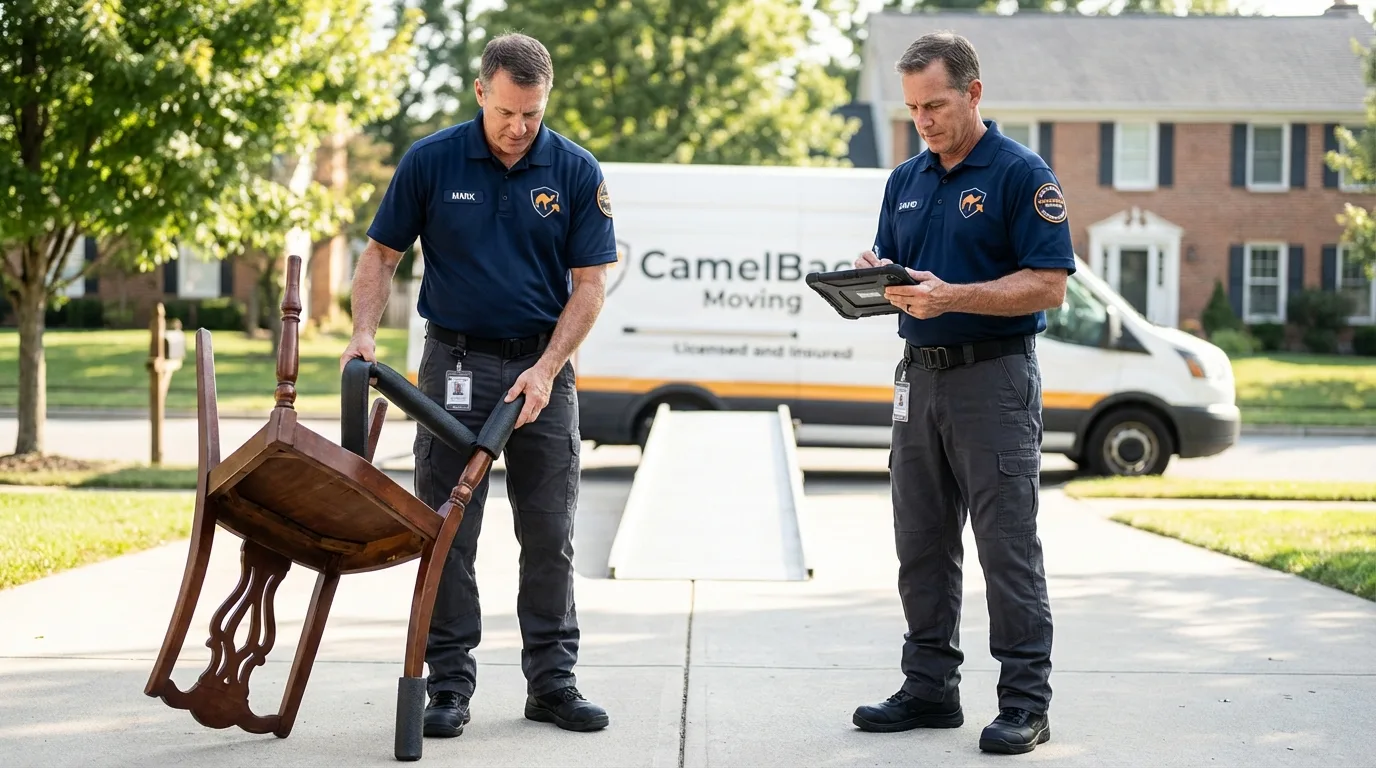 Movers inspecting furniture for damage prevention before loading in Roselle, IL