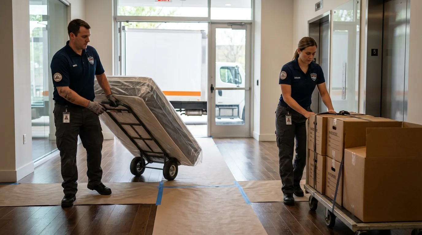 Professional apartment movers loading elevator in Roselle, IL